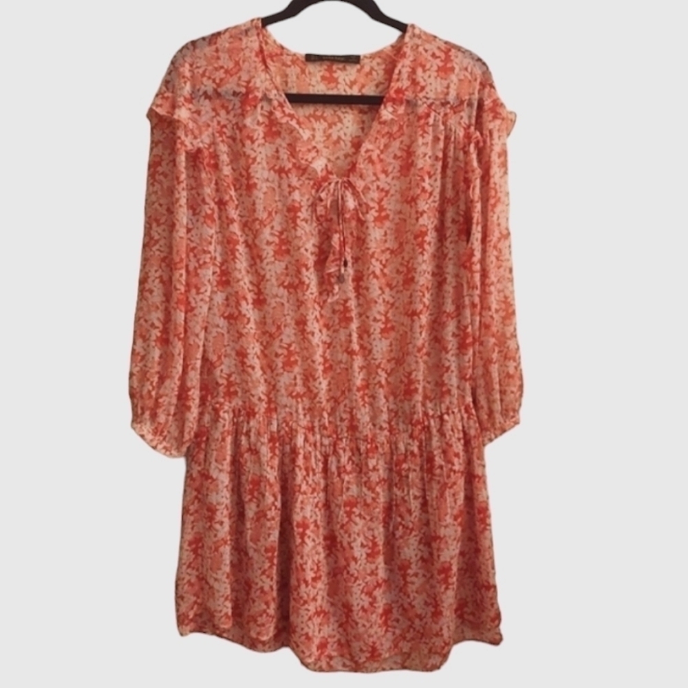 ZARA Orange Floral Drop Waist Ruffle Lightweight Boho Dress S Chiffon